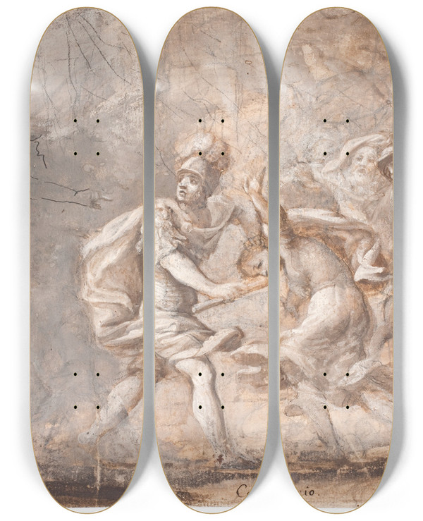 Triptych art skateboard deck of Giovanni Angelo Canini Tarpeia Knuses Under Sabinernes Skjolde by Giovanni Angelo Canini (1609-1666)
