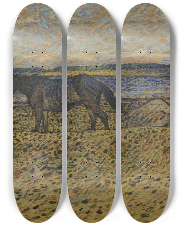 Triptych art skateboard deck of Nils Kreuger Horses At The Beach by Nils Kreuger (1858-1930)