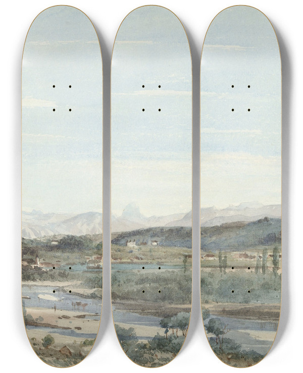 Triptych art skateboard deck of Henrijoseph Harpignies Landscape With A River Valley In The South Of France by Henri Joseph Harpignies (1819-1916)