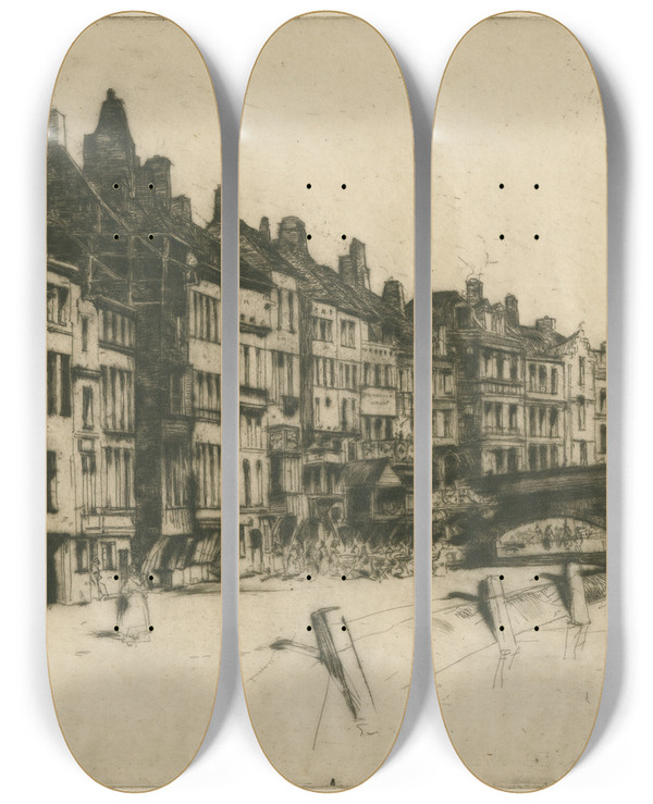 Triptych art skateboard deck of David Young Cameron Dinant by David Young Cameron (1865-1945)