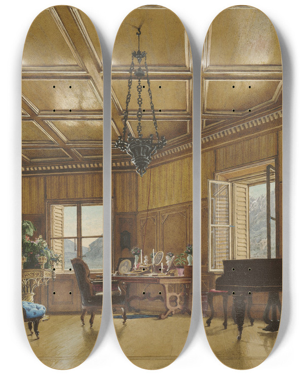 Triptych art skateboard deck of Heinrich Von Frster The Music Room Of Archduchess Margarete Princess Of Saxony In Schloss Ambras by Heinrich Von Forster (1832-1889)