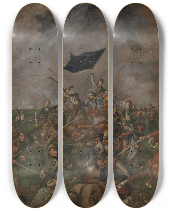 Triptych art skateboard deck of Henry Arthur Mcardle The Battle Of San Jacinto by Henry Arthur Mcardle (1836-1908)