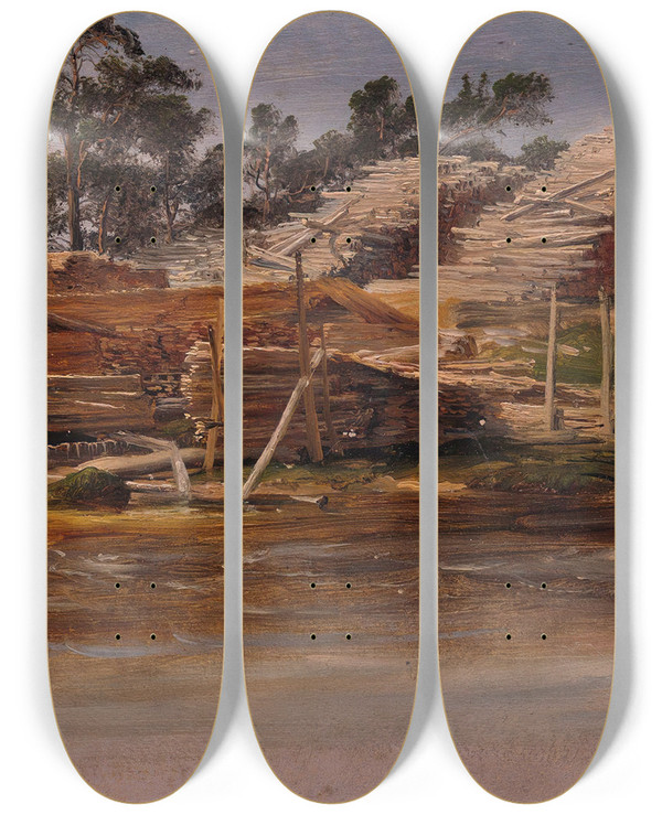 Triptych art skateboard deck of Thomas Fearnley Timber Yard by Thomas Fearnley (1802-1842)
