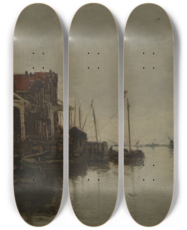 Triptych art skateboard deck of Jacob Maris Harborscene by Jacob Maris (1837-1899)