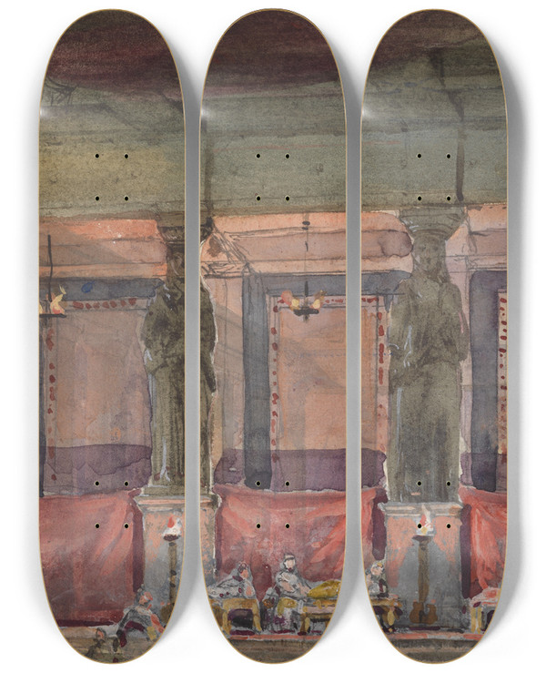 Triptych art skateboard deck of Thomas Grieve Design For A Winters Tale by Thomas Grieve