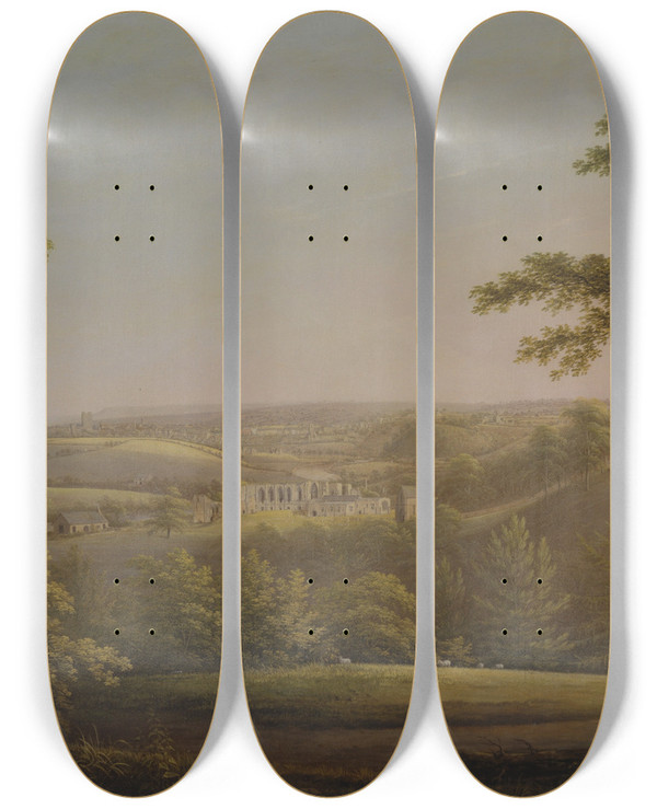 Triptych art skateboard deck of George Cuitt The Elder Easby Hall And Easby Abbey With Richmond Yorkshire In The Background by George Cuitt The Elder (1743-1818)