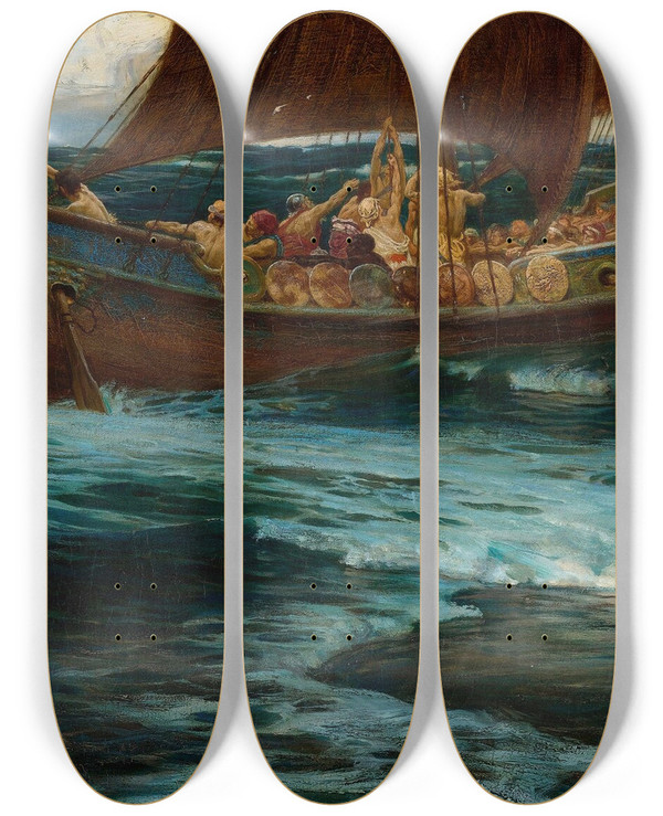 Triptych art skateboard deck of Herbert James Draper The Wrath Of The Sea God by Herbert James Draper (1864-1920)