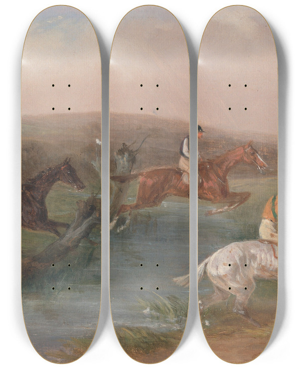 Triptych art skateboard deck of William Shayer Steeplechasing The Brook by William Shayer (1787-1879)