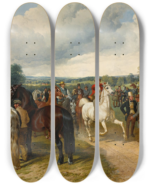 Triptych art skateboard deck of John Frederick Herring Snr A Horse Fair On Southborough Common_2 by John Frederick Herring Snr (1795-1865)