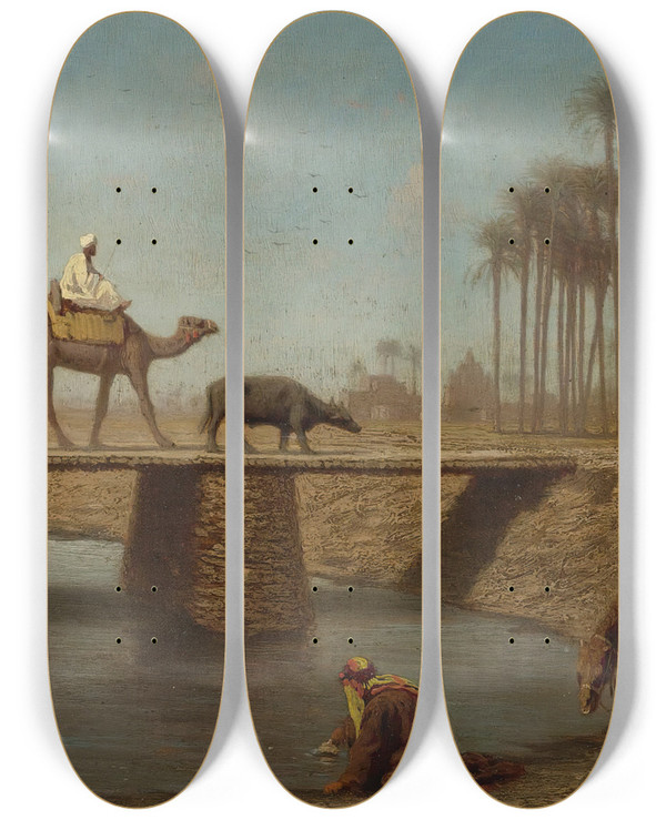 Triptych art skateboard deck of Charles Thodore Frre A Bridge High Egypt by Charles Theodore Frere (1814-1888)