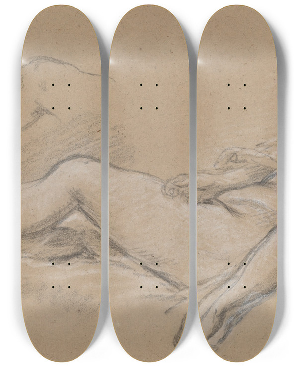Triptych art skateboard deck of Franois Boucher Reclining Nymph by Francois Boucher (1703-1770)