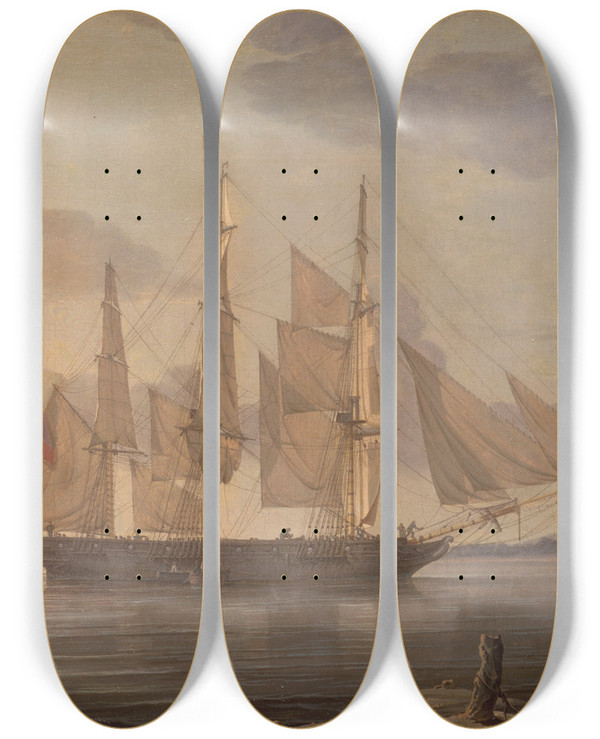 Triptych art skateboard deck of Robert Salmon Ships In Harbor by Robert Salmon (1775-1845)