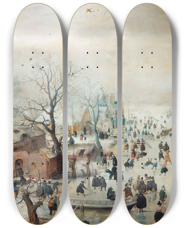 Triptych art skateboard deck of Hendrick Avercamp Winter Landscape With Ice Skaters by Hendrick Avercamp (1585-1634)
