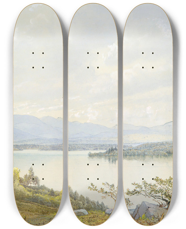 Triptych art skateboard deck of William Trost Richards Lake Squam And The Sandwich Mountains by William Trost Richards (1833-1905)