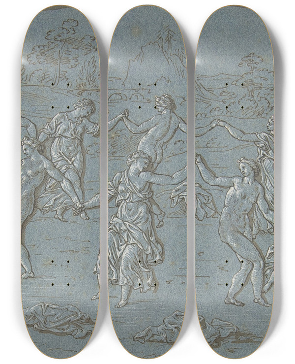 Triptych art skateboard deck of Circle Of Bernard Picart Dancing Nymphs In A Glade by Circle Of Bernard Picart (1673-1733)