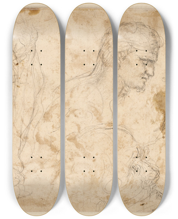 Triptych art skateboard deck of Giovanni Angelo Canini Studier Af Figurer Og Hoveder Figurerne Yderst Til Venstre Og Hjre Er Optegnet Fra Papirets Forside by Giovanni Angelo Canini (1609-1666)