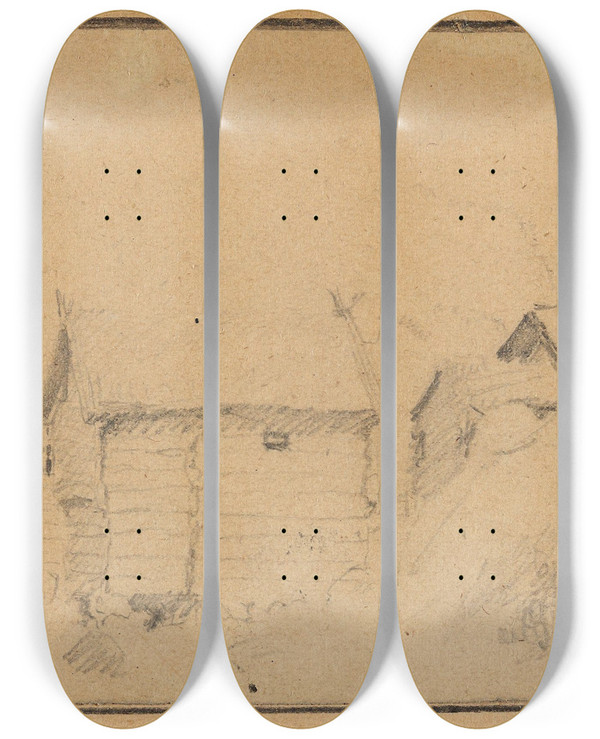 Triptych art skateboard deck of Gustav Wentzel Farm Yard Gol In Hallingdal_2 by Gustav Wentzel (1859-1927)