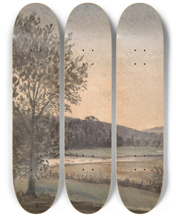 Triptych art skateboard deck of David Charles Read Landscape With Trees A River In The Background by David Charles Read (7901)
