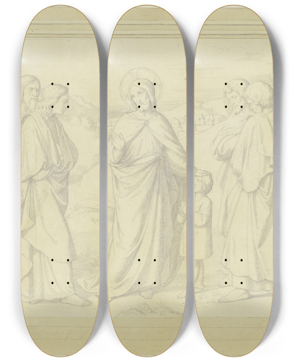 Triptych art skateboard deck of Eduard Von Steinle Jesus Und Die Zwlf Apostel Wenn Ihr Nicht So Werdet Wie Dieses Kleine by Eduard Von Steinle (1810-1886)