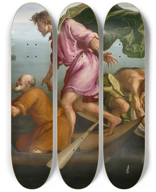 Triptych art skateboard deck of Jacopo Bassano The Miraculous Draught Of Fishes by Jacopo Bassano (1510-1592)