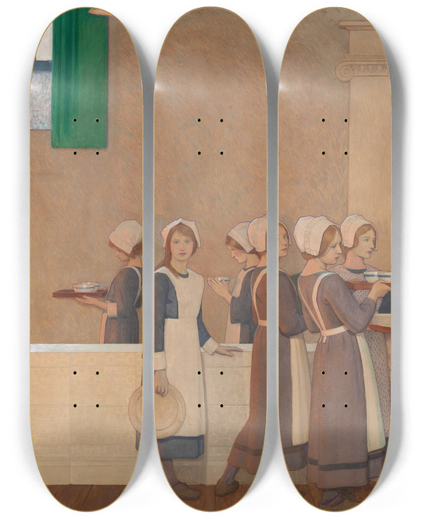 Triptych art skateboard deck of Frederick Cayley Robinson Orphan Girls In The Refectory Of A Hospital Proceeding To Their Place At The Table by Frederick Cayley Robinson (1862-1927)