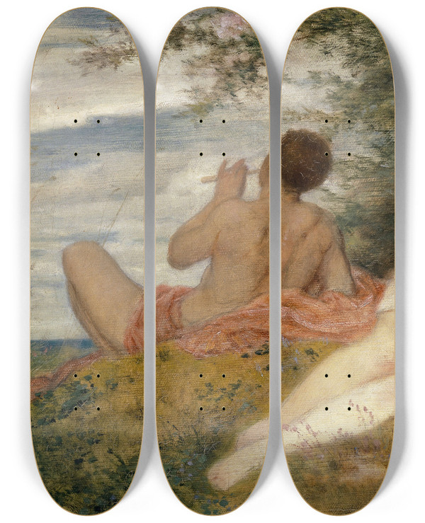 Triptych art skateboard deck of Arnold Bcklin Spring by Arnold Bocklin (1827-1901)