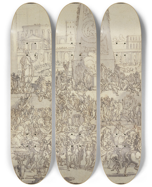 Triptych art skateboard deck of Sbastien Leclerc Der Einzug Alexanders In Babylon by Sebastien Leclerc (1637-1714)