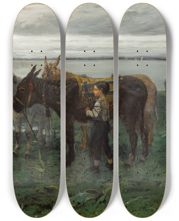 Triptych art skateboard deck of Willem Maris Boys Herding Donkeys by Willem Maris (1844-1910)