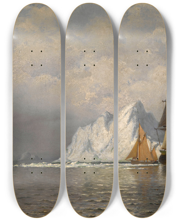 Triptych art skateboard deck of William Bradford Whaler And Fishing Vessels Near The Coast Of Labrador by William Bradford (1823-1892)