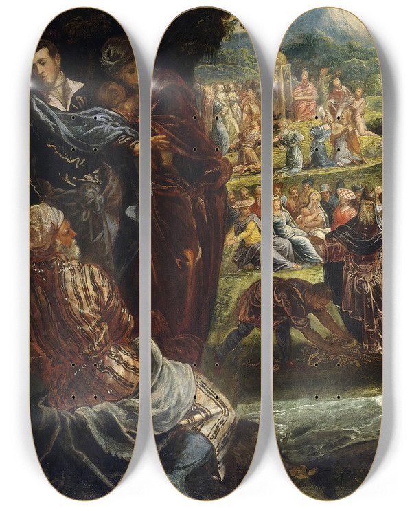 Triptych art skateboard deck of Jacopo Tintoretto The Worship Of The Golden Calf by Jacopo Tintoretto (1518-1594)