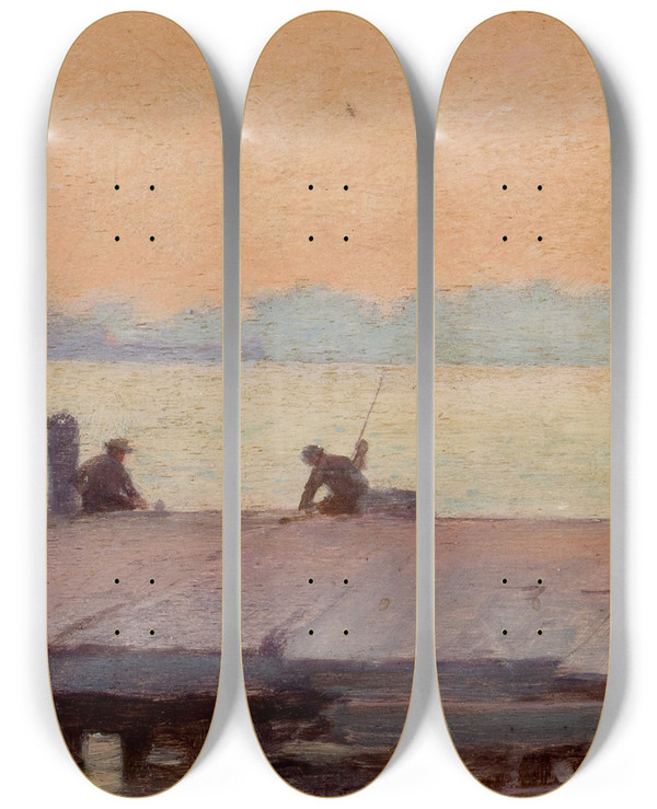 Triptych art skateboard deck of Charles Courtney Curran Fishermen On The Dock by Charles Courtney Curran (1861-1942)
