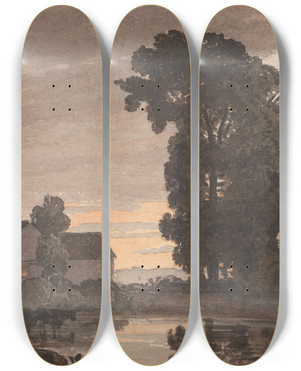Triptych art skateboard deck of George Barret Jr The Pool At Evening by George Barret Jr (1767-1842)