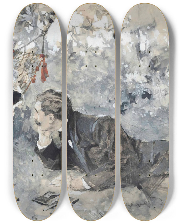 Triptych art skateboard deck of Ludwig Marold A Lovers Tryst by Ludwig Marold (1865-1898)