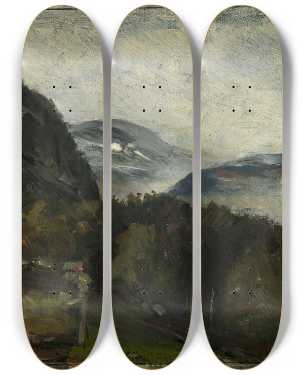 Triptych art skateboard deck of Gerhard Munthe Landscape At Ylo In Mist by Gerhard Munthe (1849-1929)