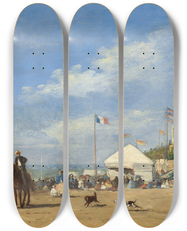 Triptych art skateboard deck of Eugne Boudin La Plage De Trouville by Eugene Boudin (1824-1898)