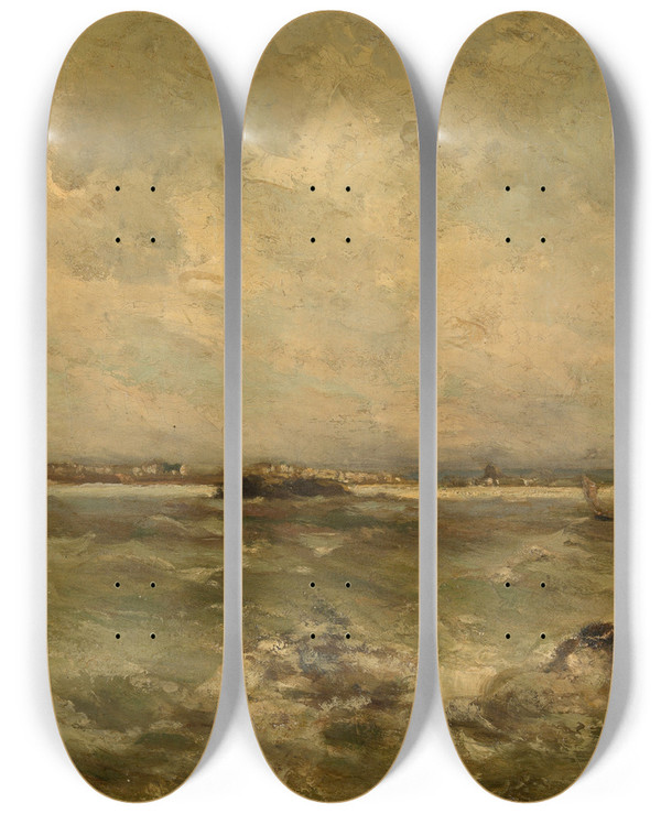 Triptych art skateboard deck of Louis Artan Seascape_1 by Louis Artan (1837-1890)