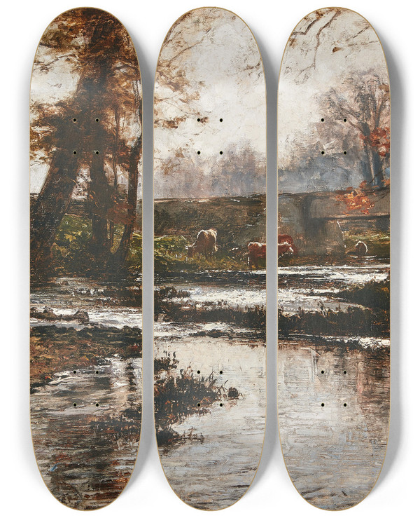 Triptych art skateboard deck of Theodore Clement Steele Pleasant Run by Theodore Clement Steele (1847-1926)