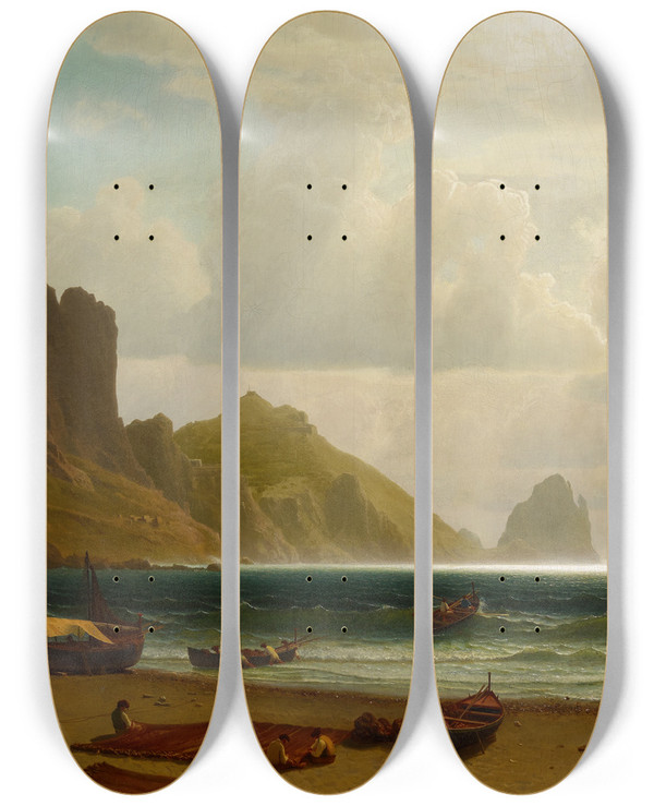 Triptych art skateboard deck of Albert Bierstadt The Marina Piccola Capri by Albert Bierstadt (1830-1902)