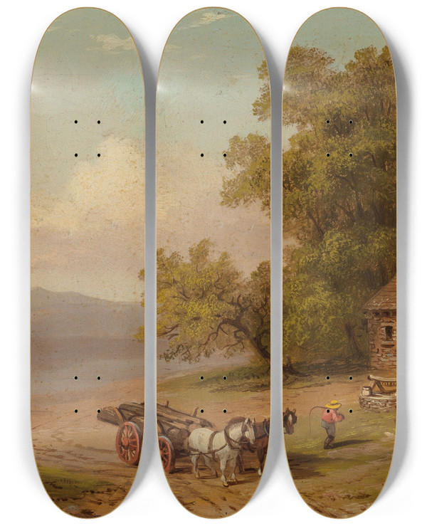 Triptych art skateboard deck of Xanthus Russell Smith The Wood Cart by Xanthus Russell Smith (1839-1929)