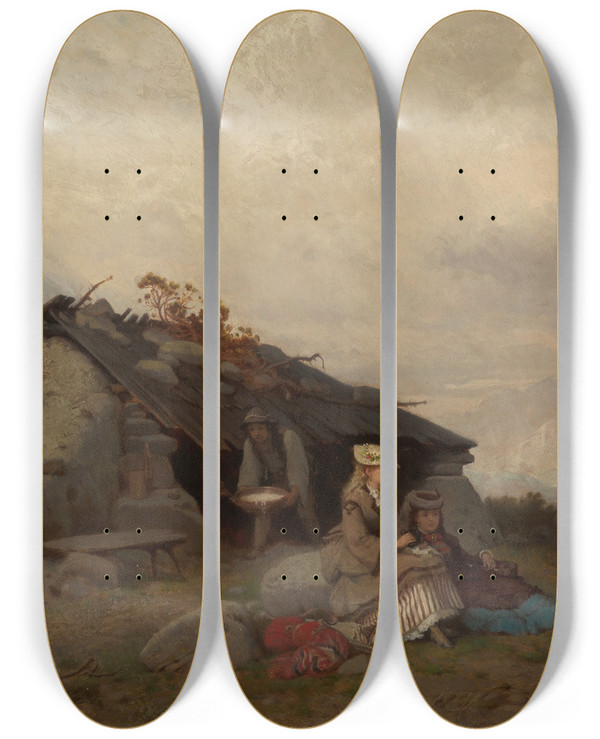 Triptych art skateboard deck of Aleksander Kotsis Trip In The Tatra Mountains by Aleksander Kotsis (1836-1877)