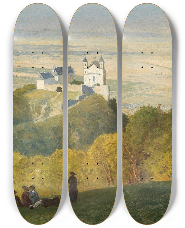 Triptych art skateboard deck of Leopold Munsch View From The Kahlenberg To The Leopoldsberg by Leopold Munsch (1826-1888)