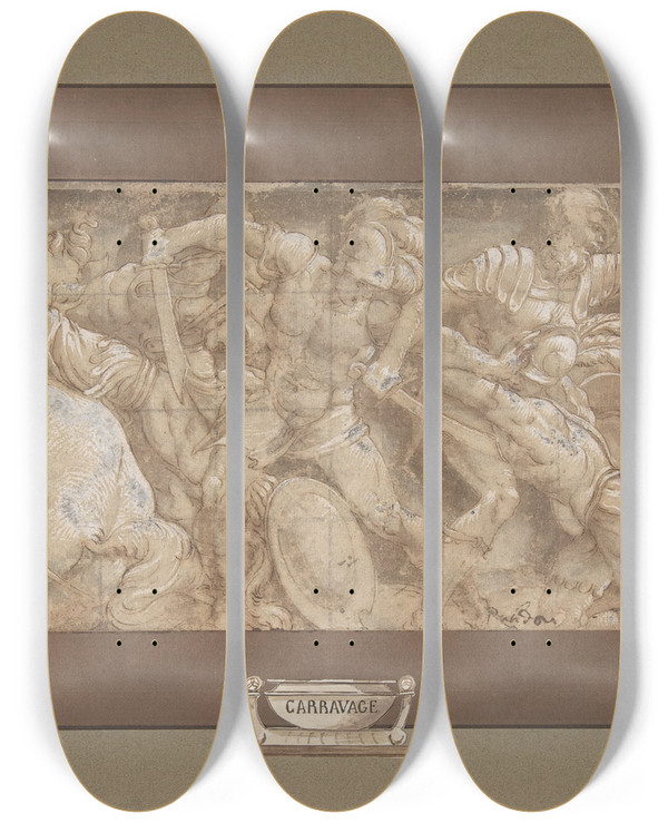 Triptych art skateboard deck of Lelio Orsi Battle Scene by Lelio Orsi (1511-1587)