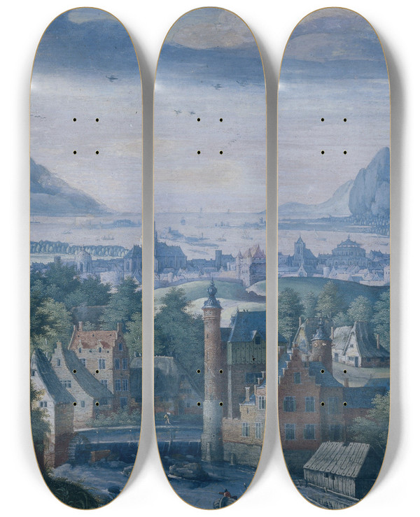 Triptych art skateboard deck of Jacob Savery The Elder Landscape With The Story Of Jephthahs Daughter by Jacob Savery The Elder (1545-1602)