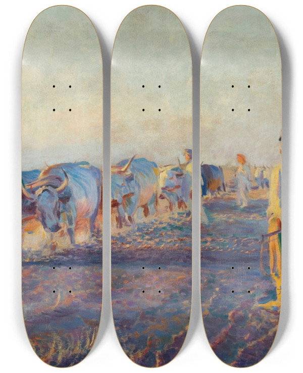 Triptych art skateboard deck of Leon Wyczkowski Plowing In The Ukraine by Leon Wyczolkowski (1852-1936)
