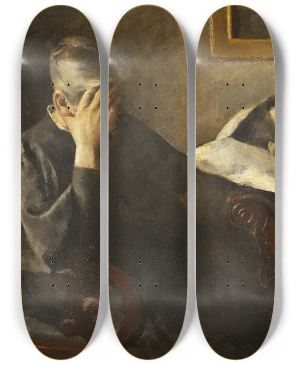 Triptych art skateboard deck of Peter Alfred Schou Gravity Interior by Peter Alfred Schou (1844-1914)