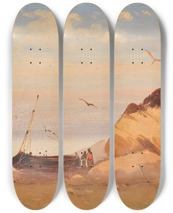 Triptych art skateboard deck of Carl Blechen Zugeschrieben Fischer Am Ostseestrand by Carl Blechen (1798-1840)