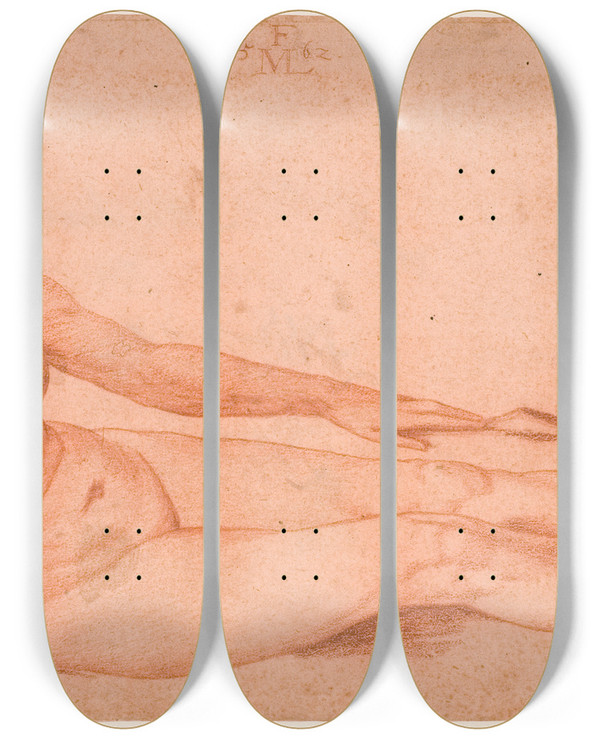 Triptych art skateboard deck of Melchior Lorck Liggende Kvindelig Model by Melchior Lorck (1526-1583)