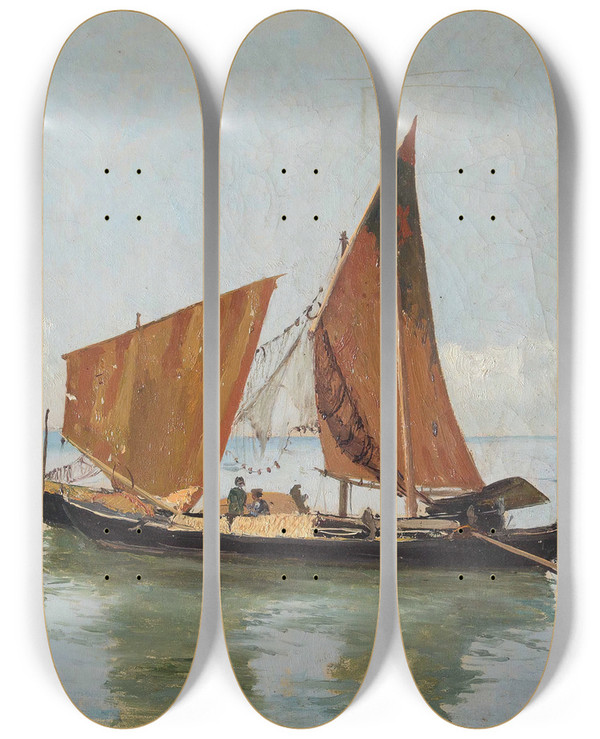 Triptych art skateboard deck of Pietro Barucci Laguna Con Imbarcazione by Pietro Barucci (1845-1917)