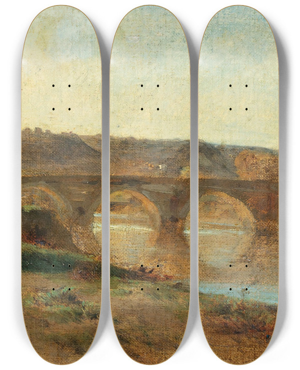 Triptych art skateboard deck of Jeanbaptiste Carpeaux Italian Landscape With Bridge by Jean-Baptiste Carpeaux (1827-1875)