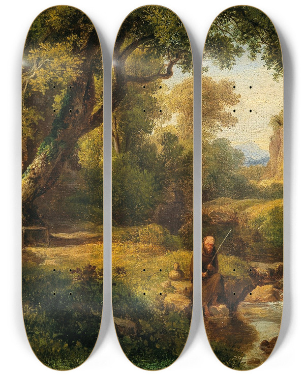 Triptych art skateboard deck of Kroly Mark Flusslandschaft Mit Angelndem Mnch by Karoly Marko (1791-1860)